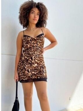 Forever 21 Womens Leopard Print Satin Slip Babydoll Mini Dress. Sz S Y2k